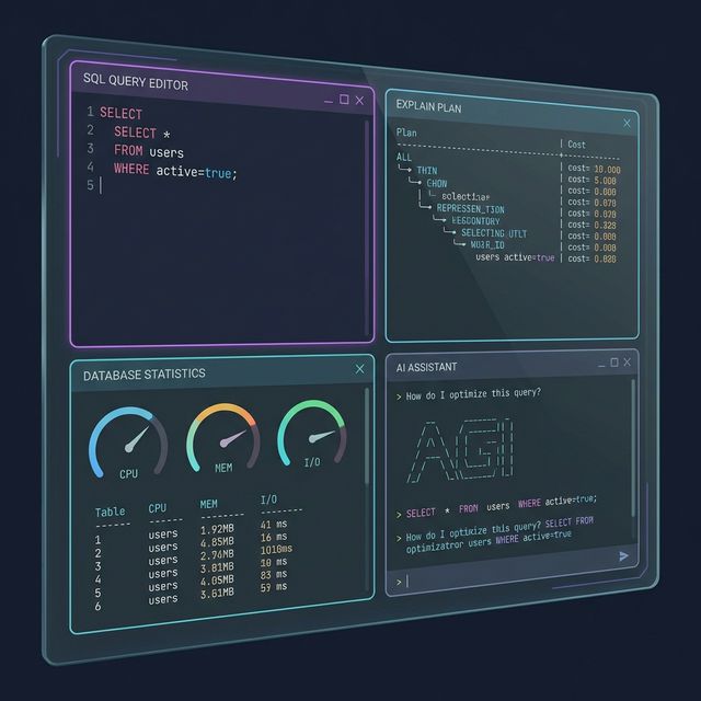 paiSQL Terminal UI showing SQL editor, explain plan, database statistics, and AI assistant panels